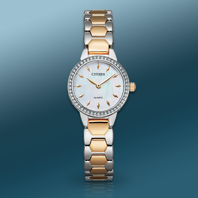 CITIZEN<sup>&reg;</sup> Two Tone Women's Quartz Watch - This Two-tone watch features a white Mother-of-Pearl Dial and a brilliant crystal accented bezel.  Other features include a 3-hand style and a fold-over clasp with push buttons. Water resistant to 50 meters and the case size is 24mm.